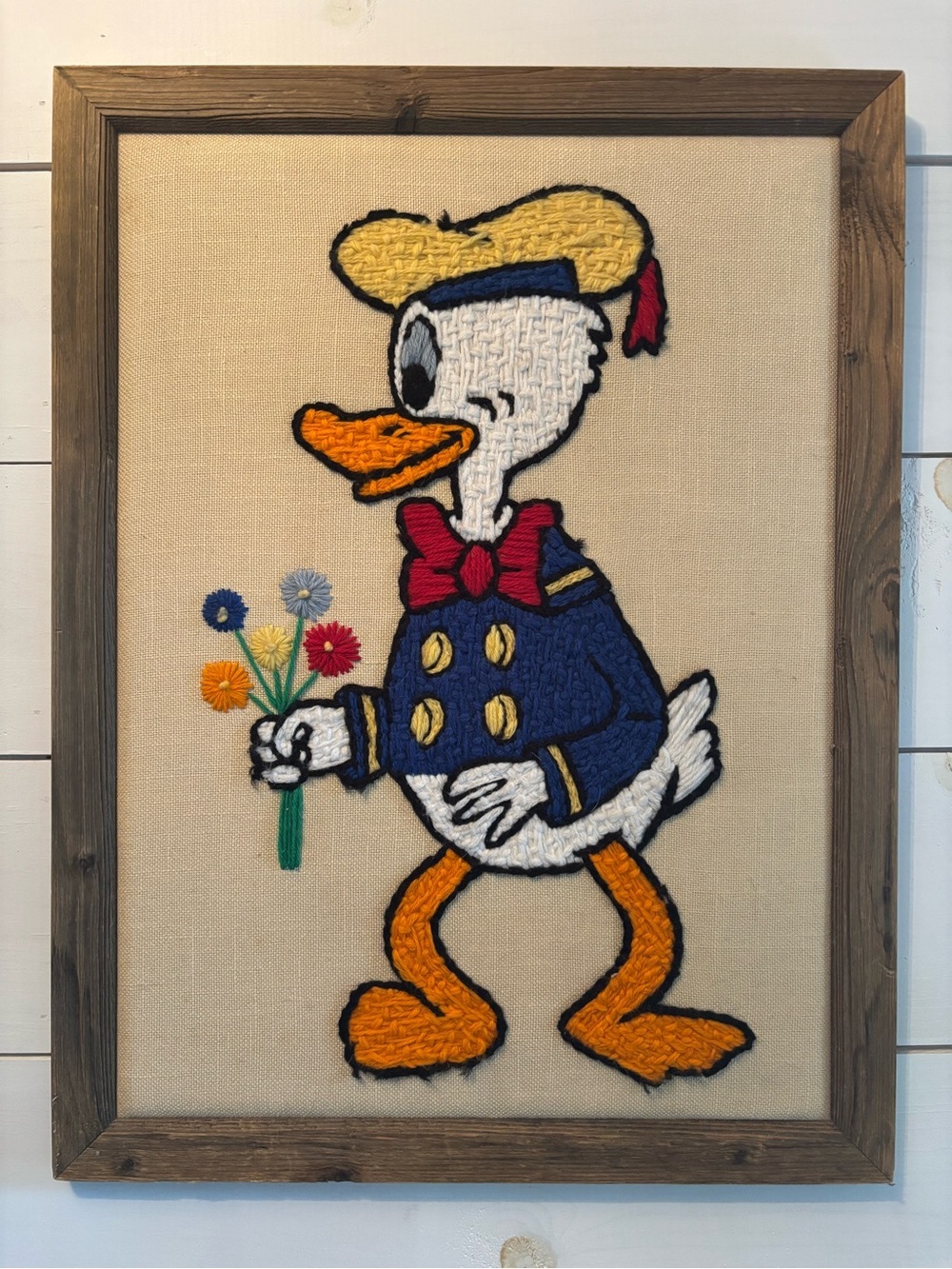 Vintage 70s Framed Needlepoint Crewel Paragon Disney Donald Duck 25”x19”